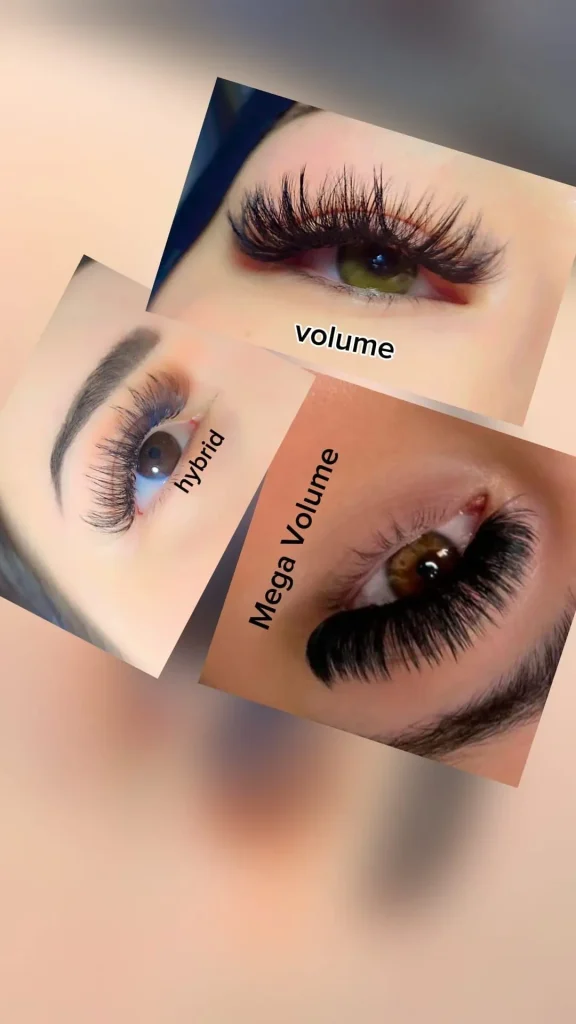 Comparison of volume, hybrid and mega volume eyelash extension styles offered at our beauty salon in Narre Warren South