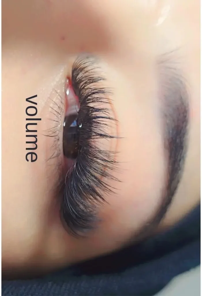 Close-up side view of volume eyelash extensions with soft wispy finish.